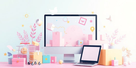 Colorful illustration of ecommerce in pastel tones.