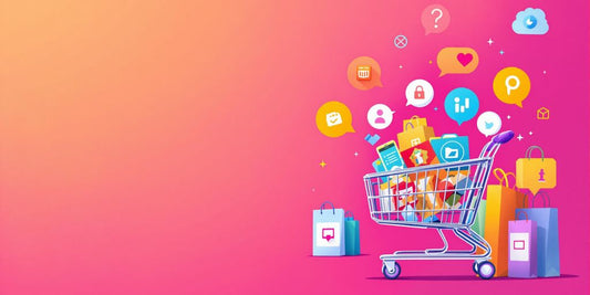 Online shopping icons and a vibrant cart.