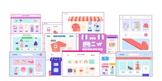 Illustrations of Shopify themes in pastel colors.