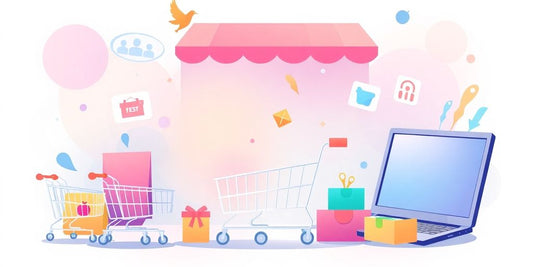 Pastel illustration on ecommerce with carts and products.