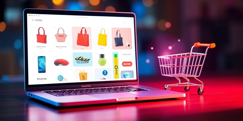 Online shopping scene with computer and shopping cart.