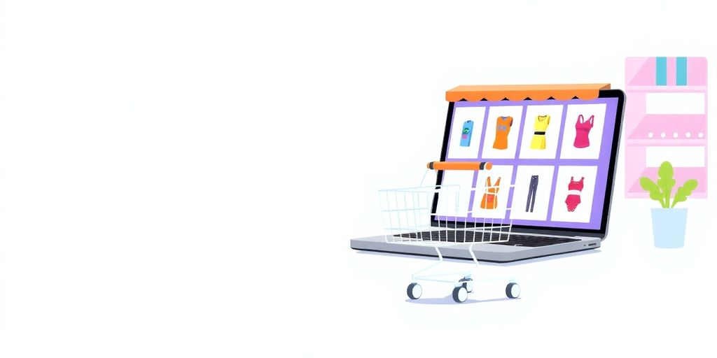 Illustration of online sale with laptop and shopping cart.