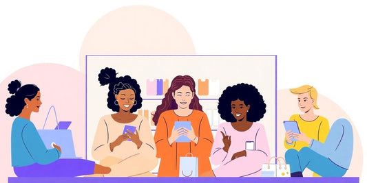 Pastel-coloured illustration of people shopping online.