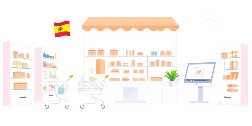 Ilustración de una tienda online con colores pasteles.