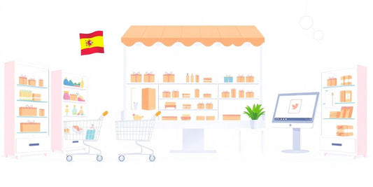 Ilustración de una tienda online con colores pasteles.