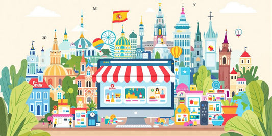 Ilustración de una tienda online vibrante en España.