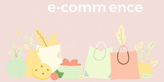 Pastel-colored illustrations of eco-friendly products and ecommerce.