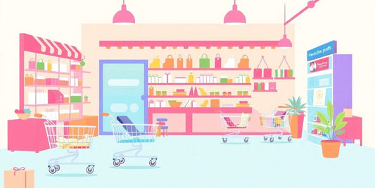 Illustration of an online store with colorful products.