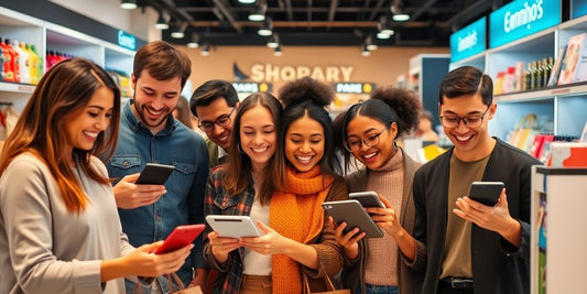 Group of people shopping online with electronic devices.