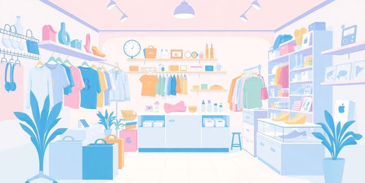 Colorful illustration of an online store in pastel.