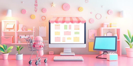 Elements of online stores in pastel colours.