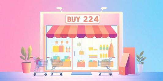 Ilustración de una tienda digital en colores pastel.