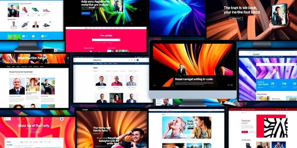 Collage of digital screens with web page designs.