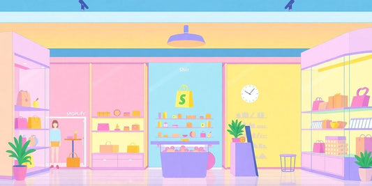 Ilustración de tienda Shopify en colores pastel.