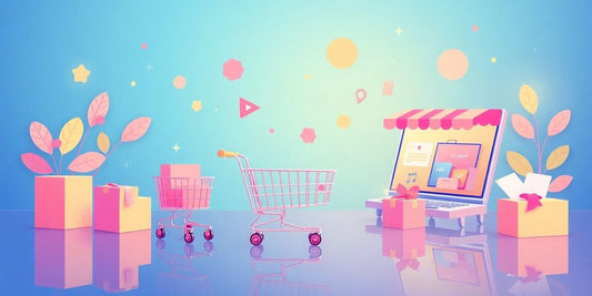 Colorful illustration about ecommerce in pastel tones.