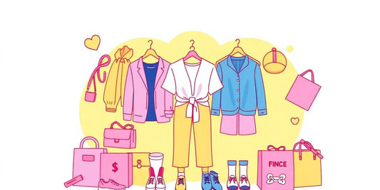 Pastel-colored illustration of clothing and accessories.