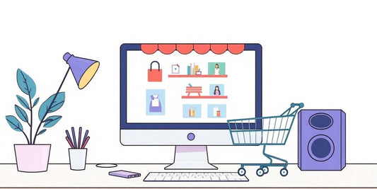 Illustration of an online shop with pastel colours.