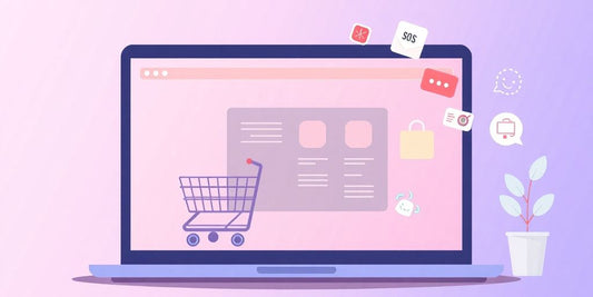 Ilustración de ecommerce con laptop y carrito de compras.