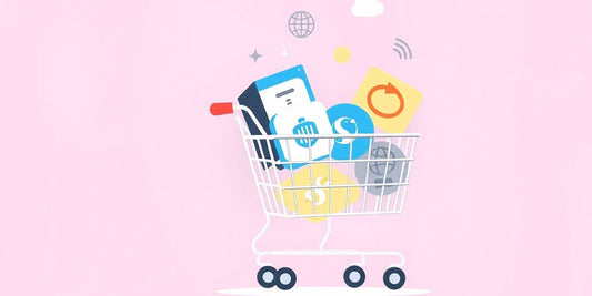 Shopping cart with web elements in pastel colors.