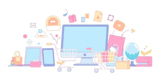 Pastel-coloured illustration of digital commerce and sales.