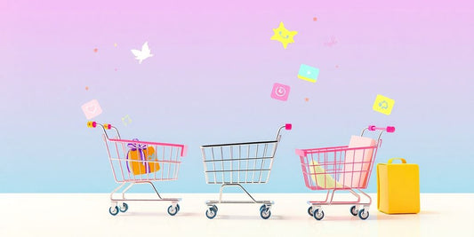 Colorful illustration about e-commerce and online shopping.