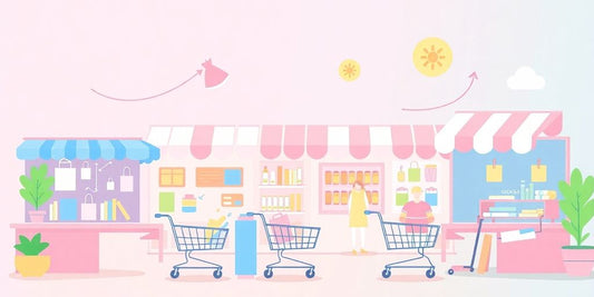 Illustration of an online marketplace in pastel colors.