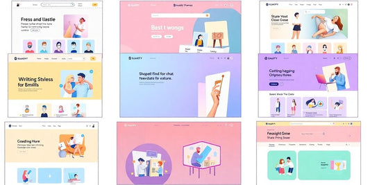 Illustration of Shopify themes in pastel colours.