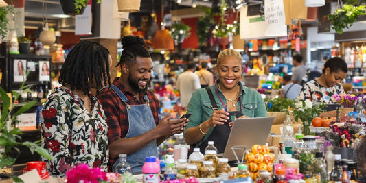 Entrepreneurs selling products in a digital marketplace.