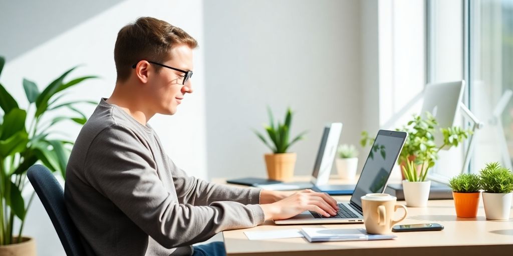 Personne travaillant à domicile dans un environnement numérique.