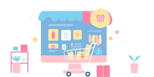 Colorful illustration of an online store with shopping elements.