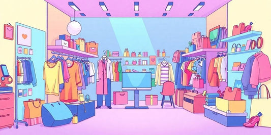 Pastel-coloured illustration of online shopping.