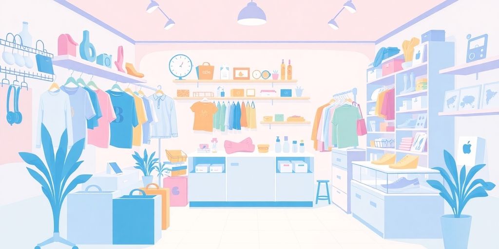 Illustration colorée d'une boutique en ligne en pastel.