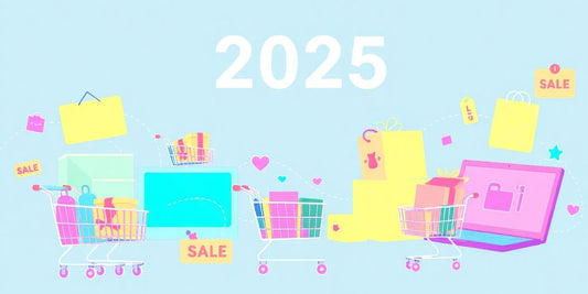 Pastel color illustration of online shopping and deals.