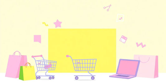 Elements of online shopping in pastel colours.