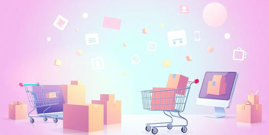 E-commerce illustration in pastel colors.