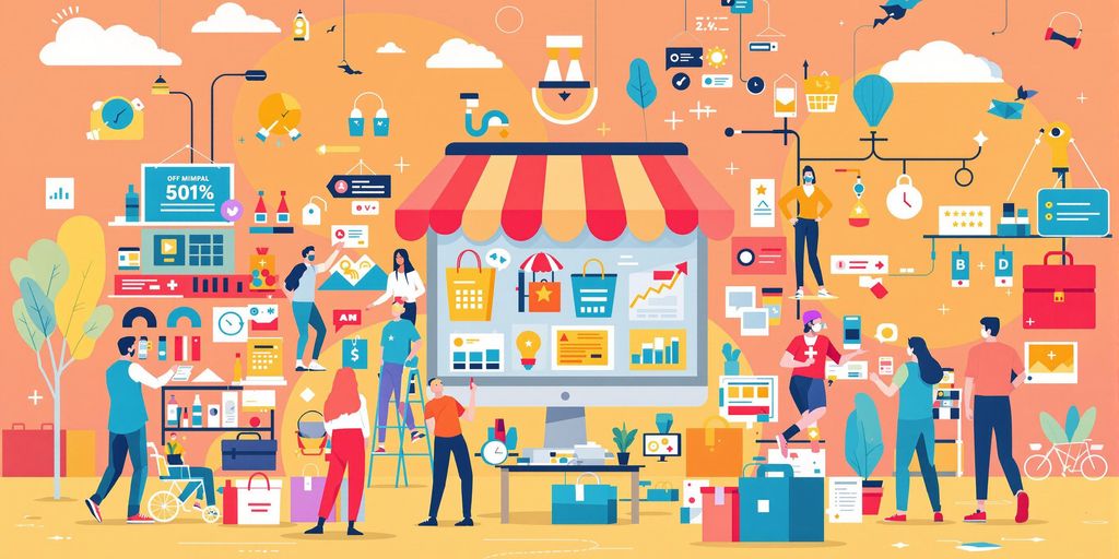 E-commerce scene with diverse products and purchases.