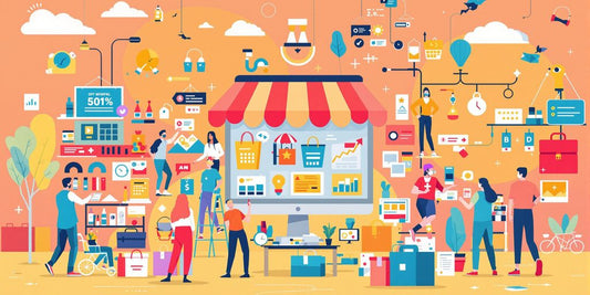 E-commerce scene with diverse products and purchases.