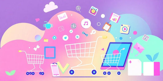 Pastel illustration of eCommerce with devices and carts.