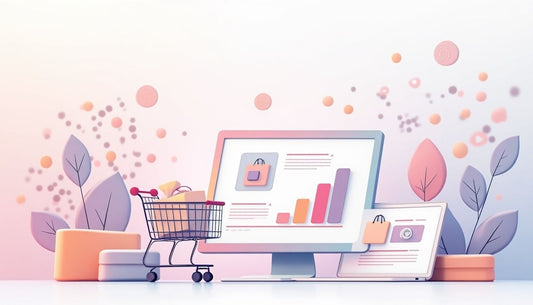 Pastel illustration of e-commerce elements.