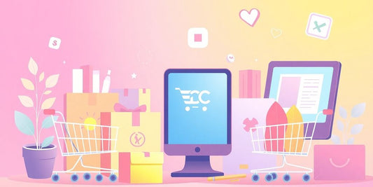 Illustration of e-commerce in pastel colors.