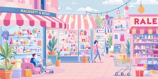 Colorful illustration of a market with products and carts.