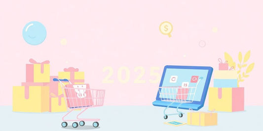 Elements of e-commerce in pastel colors.