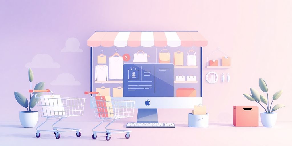 Illustration of an online dropshipping store in pastel colors.