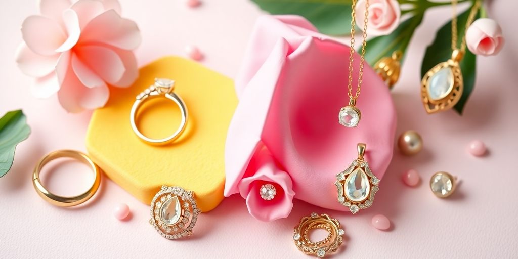 Pastel colors and jewelry elements on a background.