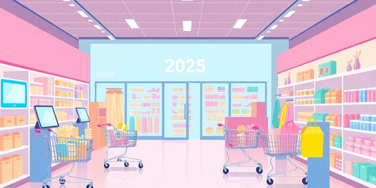 Ilustración de una tienda virtual exitosa con colores pastel.