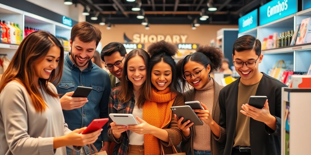 Grupo de personas comprando en línea con dispositivos electrónicos.