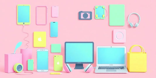 Illustration of technological gadgets in pastel colors.