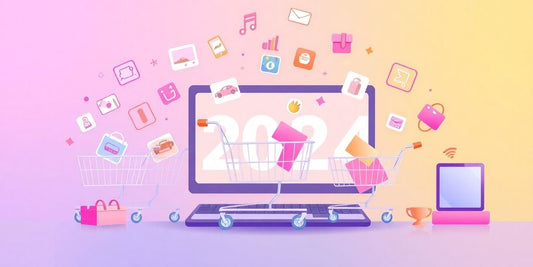 Pastel illustration of e-commerce and online shopping.