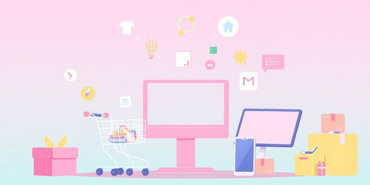 Colorful illustration about e-commerce in pastel tones.