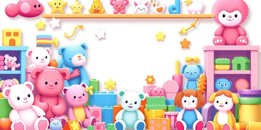 Colorful illustration of various toys in pastel shades.